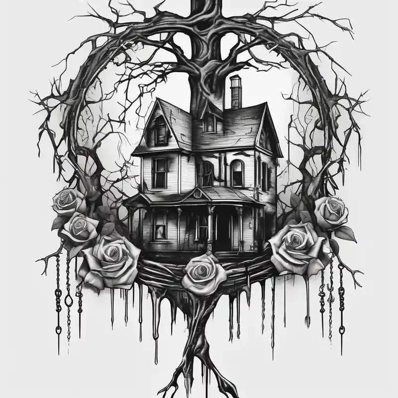 tattoo fool sleeve, old broken gothic home, broken sword, tree roots break out of the chains, roses hello kitty tattoo